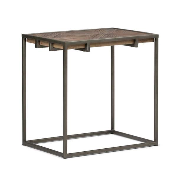 Simpli Home Avery Solid Aged Elm Wood and Metal 14 in. Wide Modern Industrial Narrow End Table in Distressed Java Brown Wood Inlay