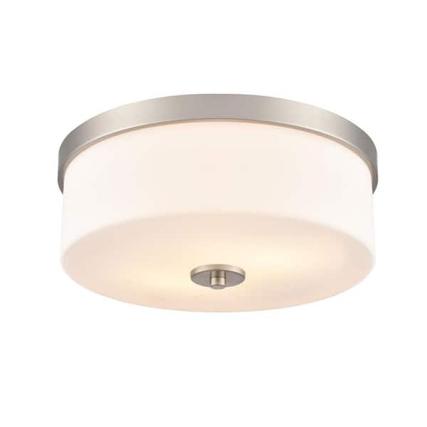 Laphia 13.25 in. Wide 2-Light Brushed Nickel Modern/Conteporary Flush Mount with Etched Opal Glass Shade