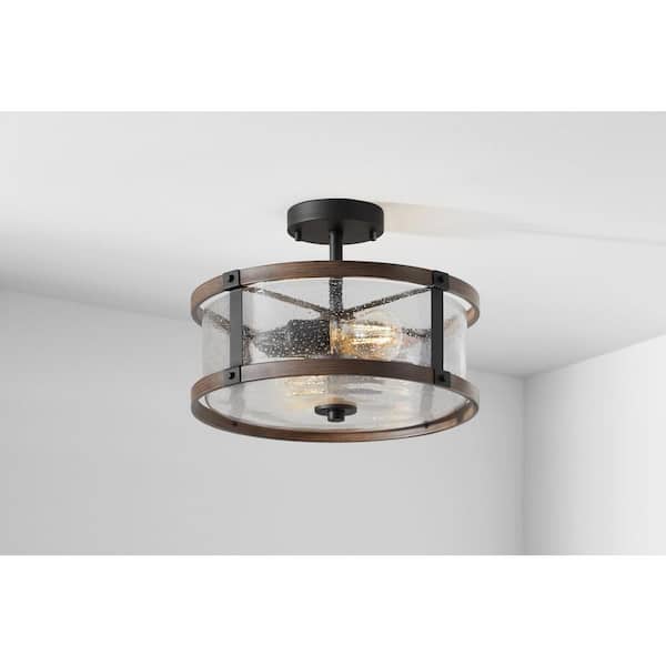 Hampton Bay Richland 2-Light Dark Bronze Semi-Flushmount Clear Seedy Glass