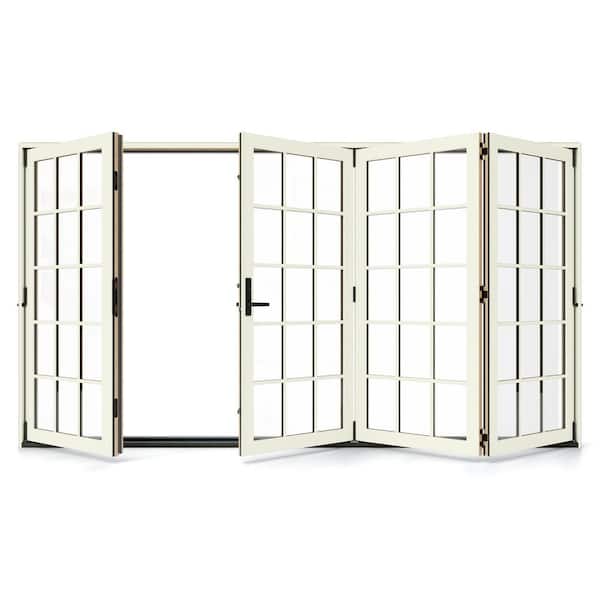 JELD-WEN W5500 124 in. x 80 in. Vanilla Left Hand/Outswing Aluminum Clad Wood 4-Panel Prehung Folding Patio Door w/15-Lite Grid