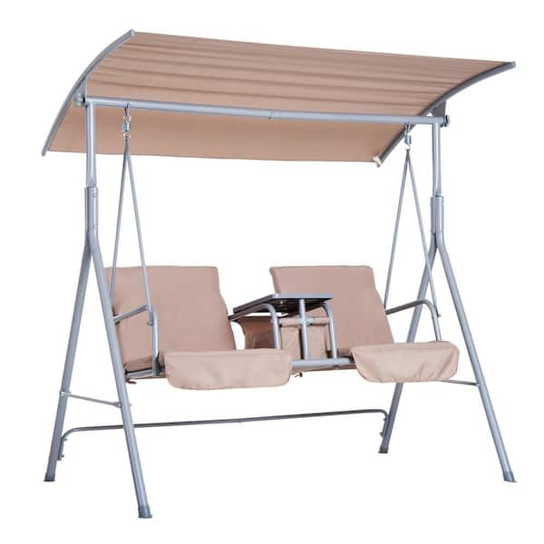 Outsunny 2-Person Water-Resistant Covered Metal Patio Swing with Center Pivot Table and Underneath Storage Console, Beige