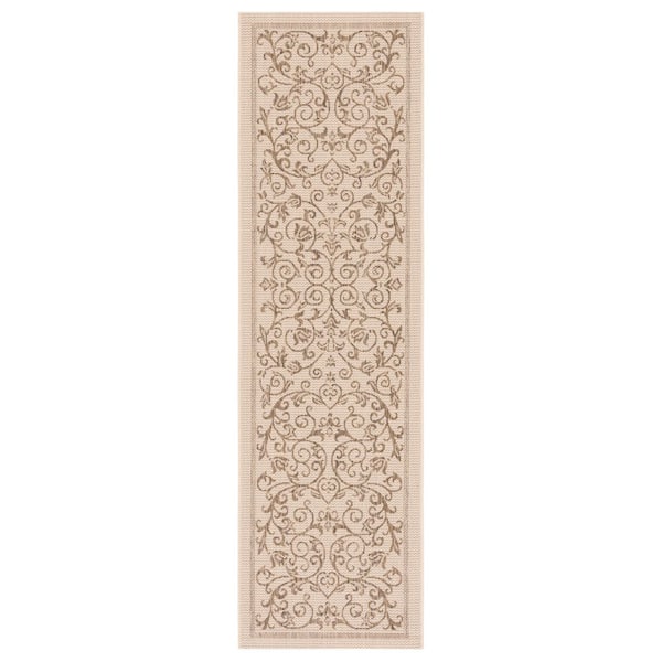 Courtyard Natural/Brown 2 ft. x 8 ft. Border Scroll Floral Indoor/Outdoor Runner Rug