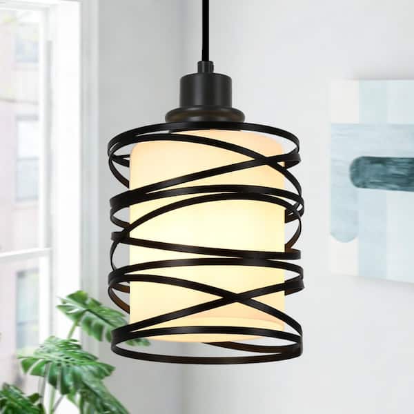 Jasslynn 60 Watt 1 Light Black Modern Pendant Light with Cylinder Frosted Glass Shade for Living Room Foyer Kitchen