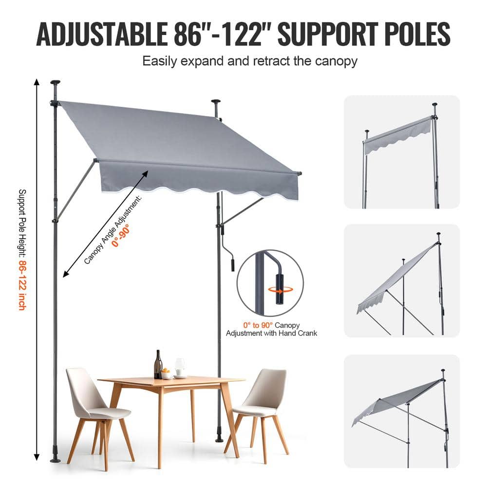 Gray Retractable Patio Awning with Manual Crank, 59" x 47"