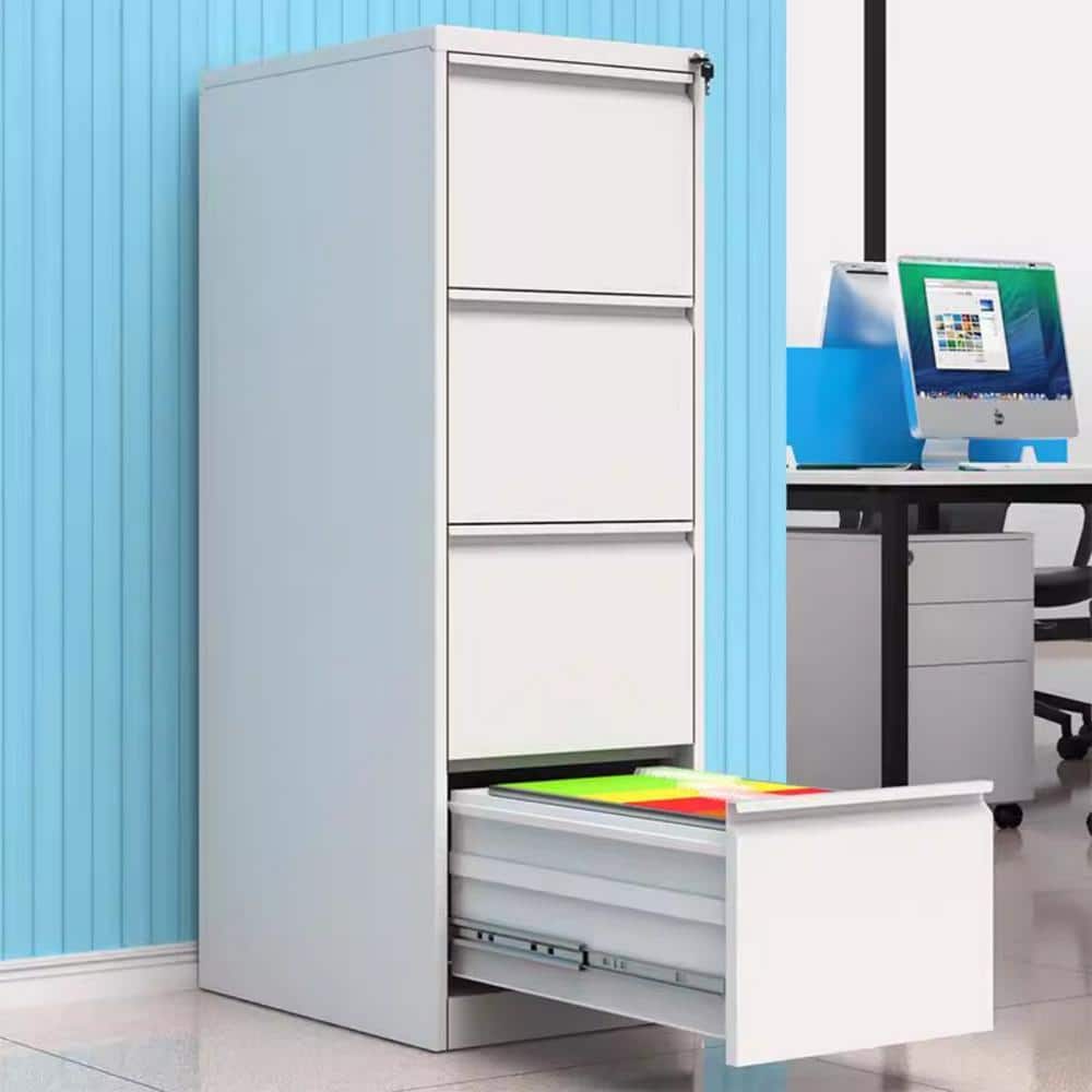 4 Drawer White Metal 14.7 in. W Vertical File Cabinet with Lock 52.4 in. H 