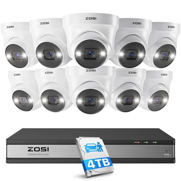 ZOSI 4K Ultra HD 16-Channel POE 4TB NVR Security Camera System with 10 Wired 5MP Spotlight Outdoor Cameras,AI Human Detection