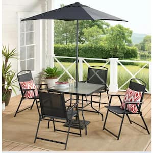 4 Seater Metal Outdoor Patio Dining Table and Chair Set, Furniture Table and Chair Set with Parasol, Black