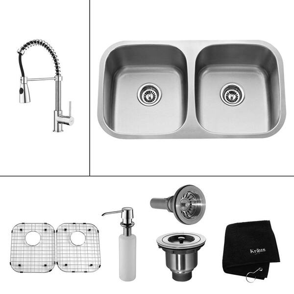 KRAUS All-in-One Undermount Stainless Steel 32 in. 50/50 Double Bowl Kitchen Sink with Faucet and Accessories in Chrome