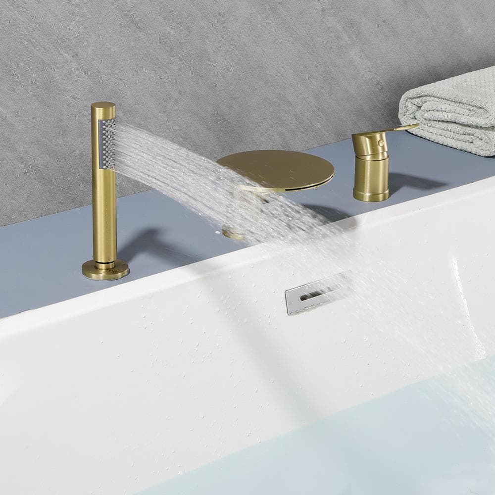 Brushed Gold Solid Brass Deck-Mounted Roman Tub Faucet with Hand Shower