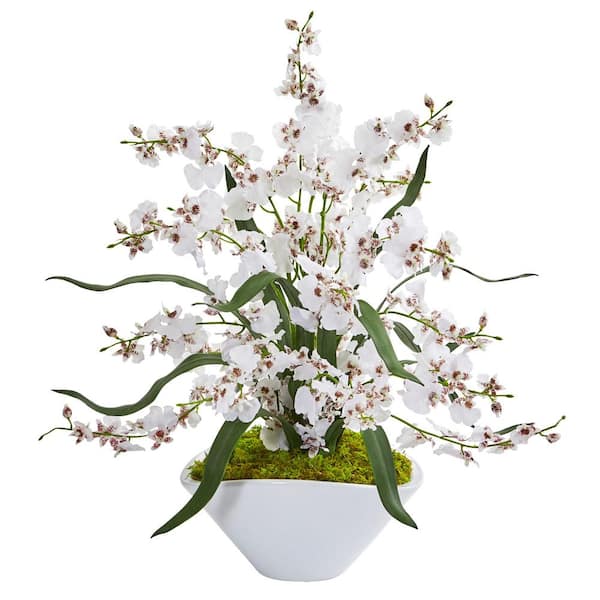 Nearly Natural Indoor Dancing Lady Orchid Artificial Arrangement in White Vase