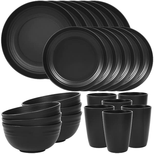 24-Piece Black Plastic Dinnerware Sets for 6, Unbreakable Plates and Bowls Sets for Camping, Dishwasher Microwave Safe