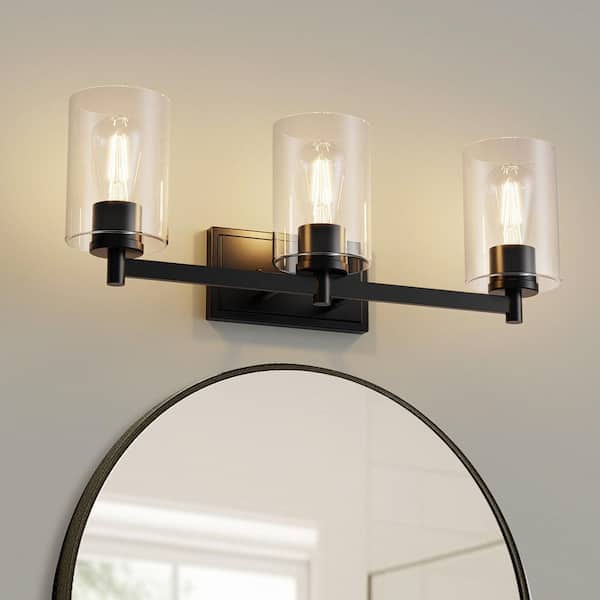 1-Pack 21.5 in. Mounting Frame with Black 3-Head Vanity Fixture and Die-Cast Rectangular Wall Box E26