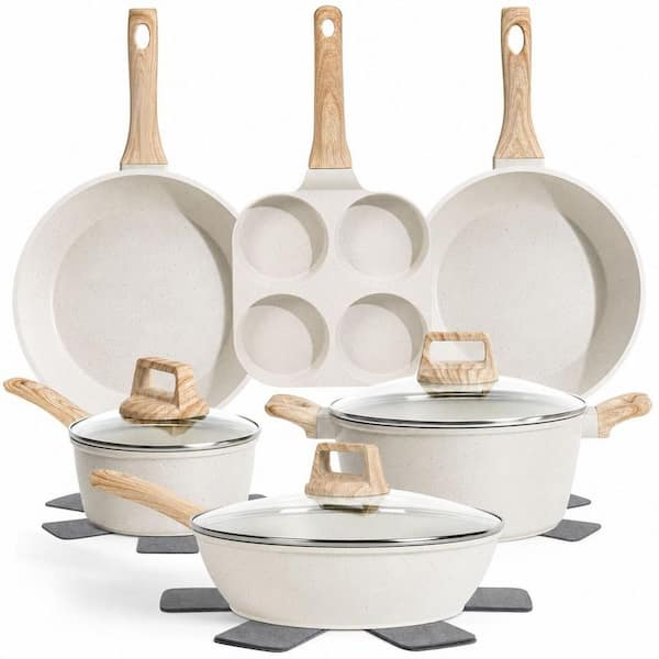 13 Piece Aluminum Nonstick Nontoxic Cookware Set with Frying Pans Set Saucepans Steamer (PFAS, PFOA, PFOS Free) in White