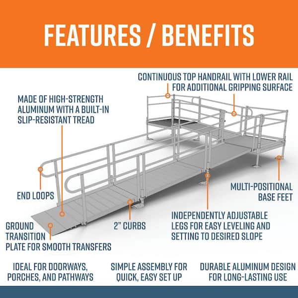 PATHWAY 22 ft. L-Shaped Aluminum Wheelchair Ramp Kit with Solid Surface Tread, 2-Line Handrails and (2) 4 ft. Platforms