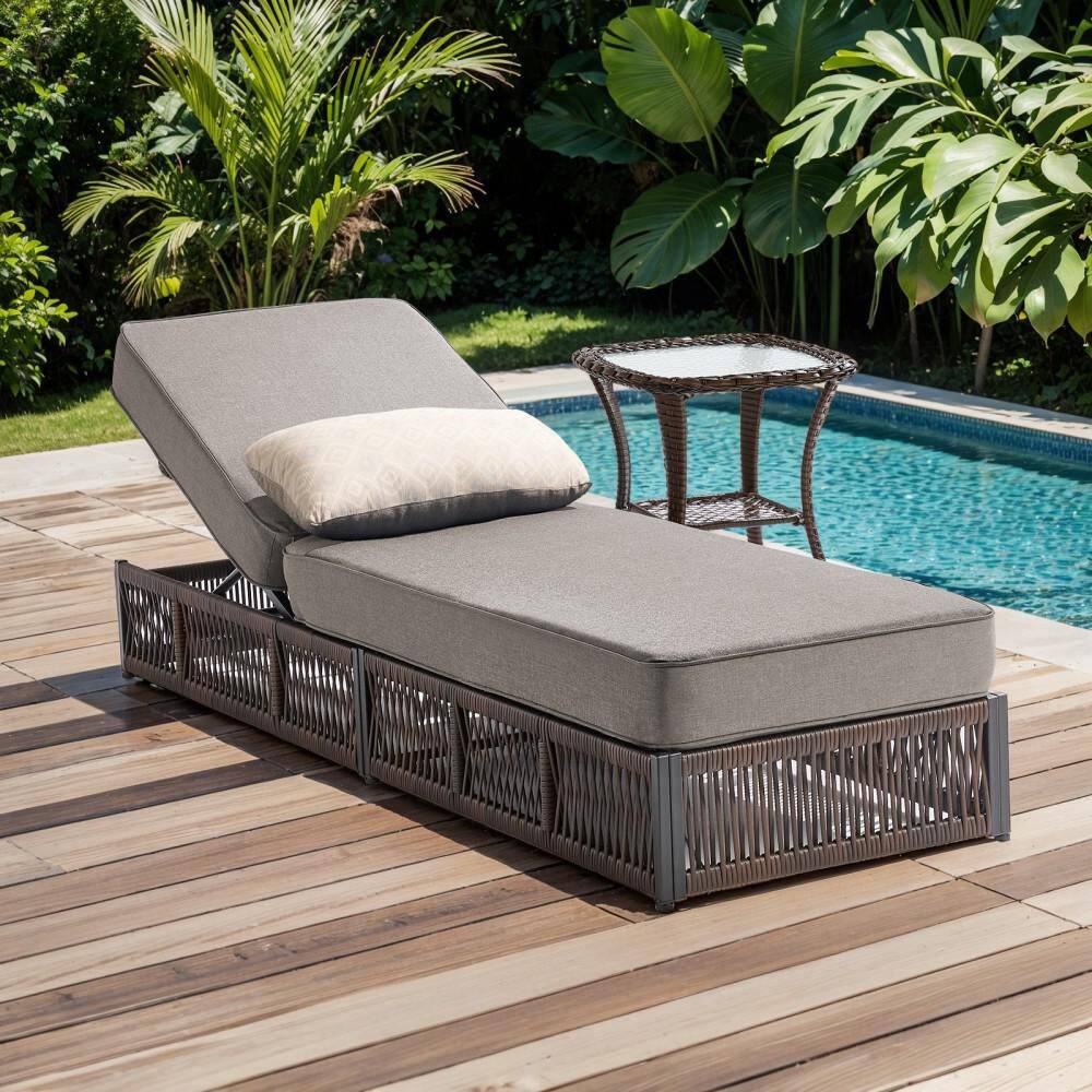 Rotavia Brown 2-Piece Wicker Outdoor Chaise Lounge Patio Adjustable Backrest Recliner with Gray Cushions and Side Table price history on PriceWatchPro