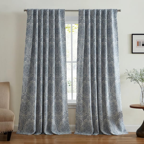 Elrene Giovanni Blue Polyester Blend Medallion 52 in. W x 95 in. L Rod Pocket/Back-Tab Indoor Blackout Curtain (Single Panel)