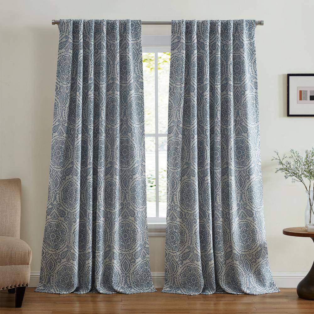 Blue Medallion Print Blackout Linen-Polyester Window Curtains