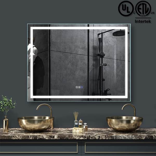 HBEZON 48 in. W x 36 in. H Large Rectangular Frameless LED Front Light and Anti-Fog Wall Bathroom Vanity Mirror in Silver