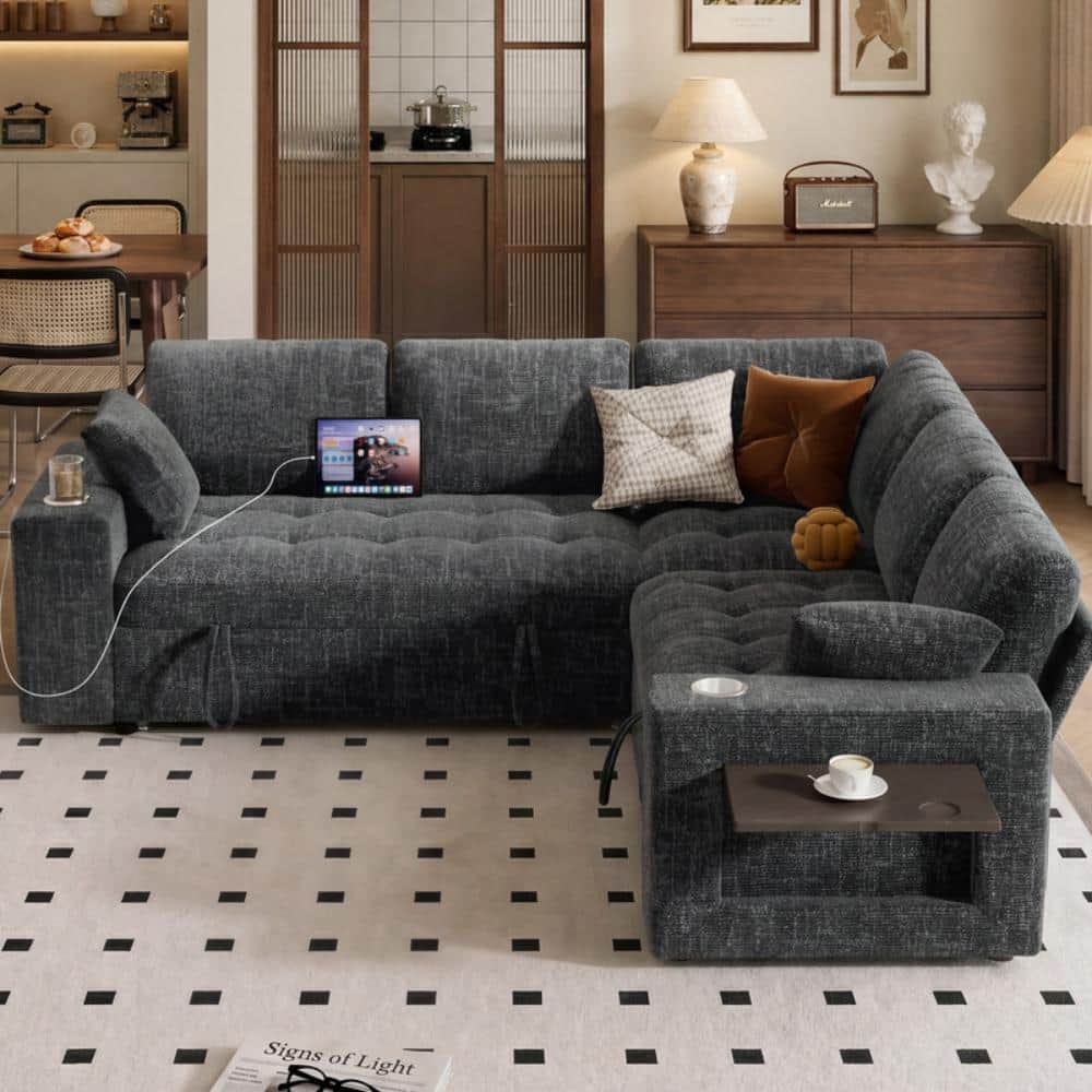 "85"" 5-Seat L Chenille Sleeper Sectional,Pull Out Bed, Storage Loveseat, USB, Cup Holders, Side Tbl, Tool-Free Assembly" price history on PriceWatchPro
