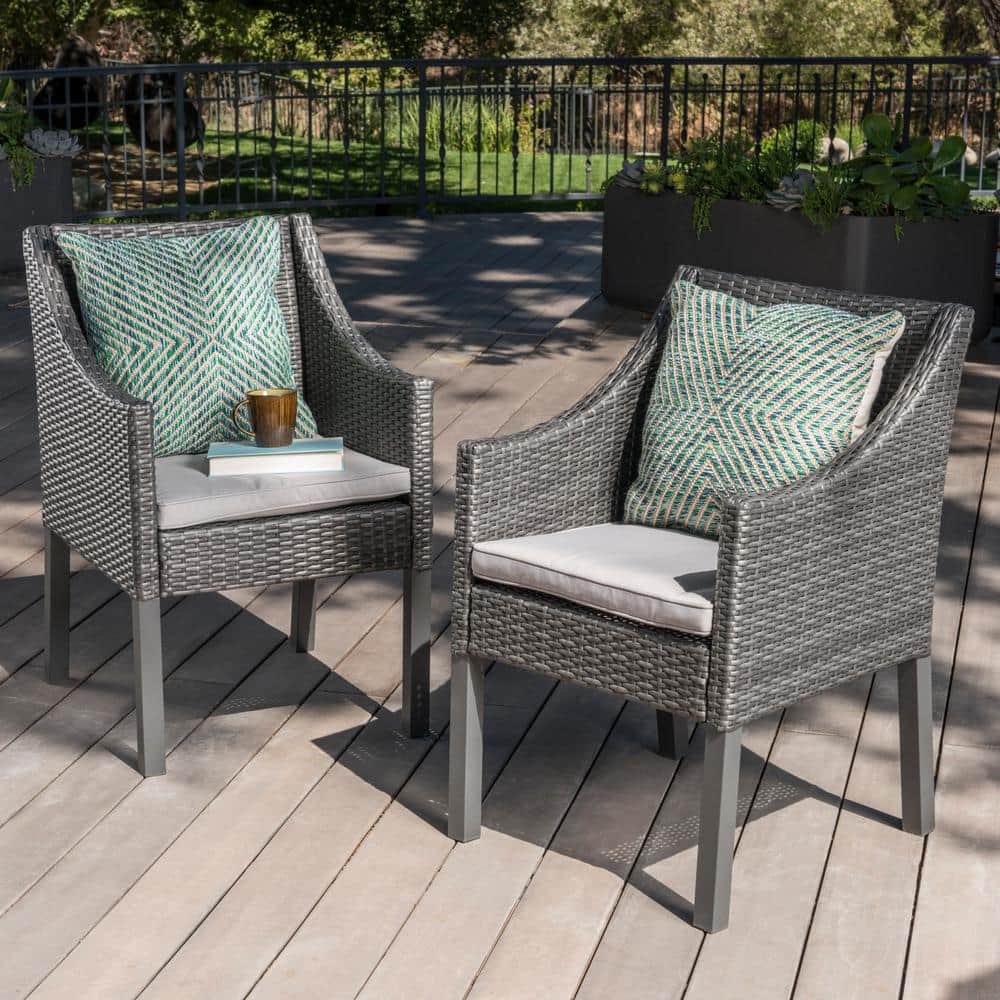 Gray and Silver Wicker Outdoor Dining Chairs with Cushions, Set of 2
