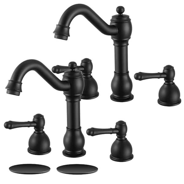 Double Handles 8 in. Widespread Bathroom Faucet 3-Hole Sink Faucet with Pop-Up Drain in Matte Black (2-Pack)