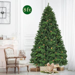 8 ft. Pre-Lit Premium Spruce Artificial Christmas Tree Hinged 660 LED Lights Pine Cones