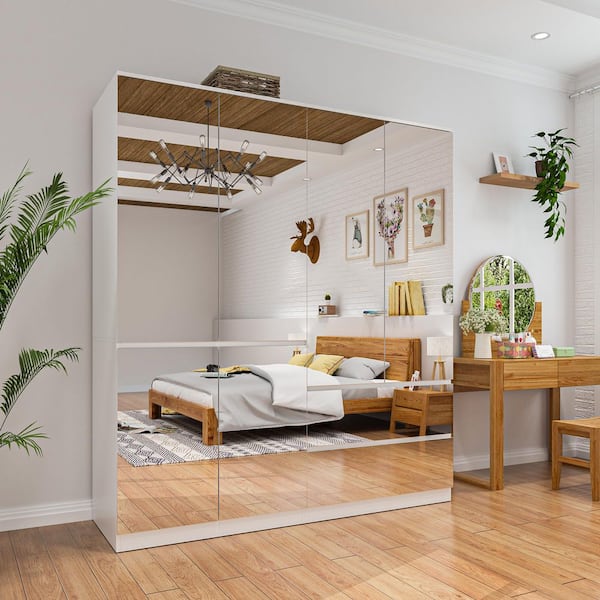 White High Gloss Mirrored Doors 63 in. W Big Wardrobe Combo Armoires W/Mirror Doors, Hanging Rods 70.9 in. H