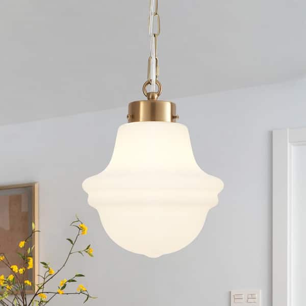 LWYTJO Myrtis 8.26 in. 1-Light Antique Brass Schoolhouse Metal Pendant Light with Frosted Opal Glass Shade Adjustable Pendant