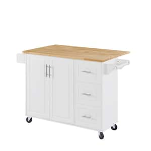 White Wood 53.8 in. Tabletop Rolling Kitchen Island with Drop Leaf, Drawers and Cabinet, Mobile Kitchen Cart on Wheels