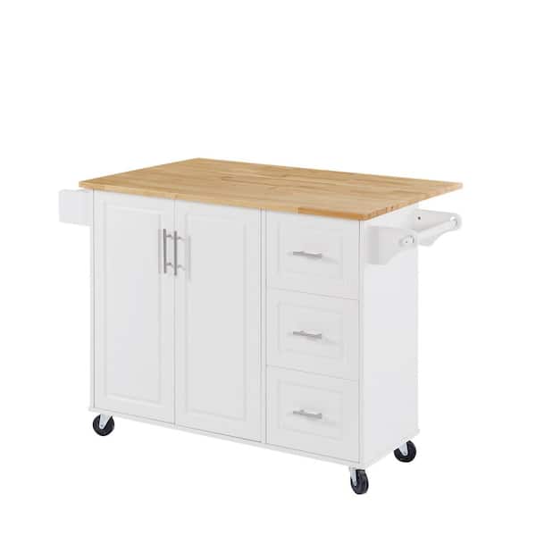 HMMHVV White Wood 53.8 in. Tabletop Rolling Kitchen Island with Drop Leaf, Drawers and Cabinet, Mobile Kitchen Cart on Wheels