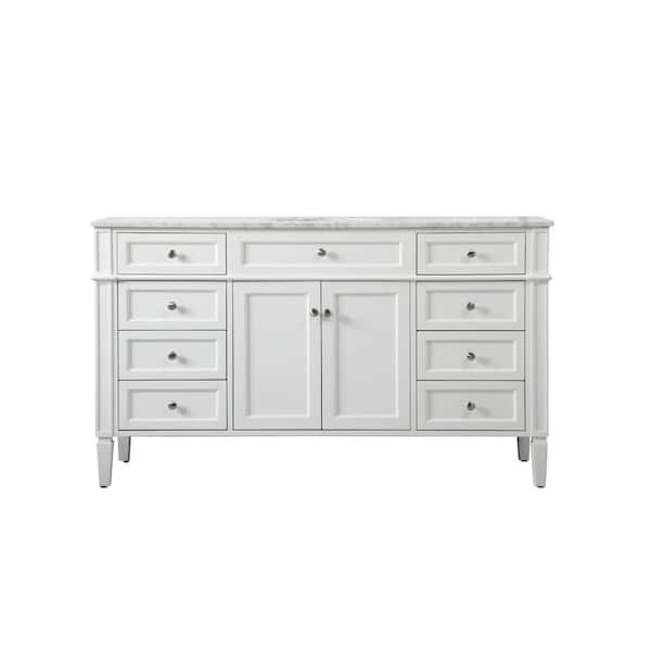 Unbranded Simply Living 60 in. W x 21.5 in. D x 35 in. H Bath Vanity In White with Carrara White Porcelain Top