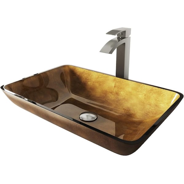 VIGO Glass Rectangular Vessel Bathroom Sink in Gold with Duris Faucet and Pop-Up Drain in Brushed Nickel