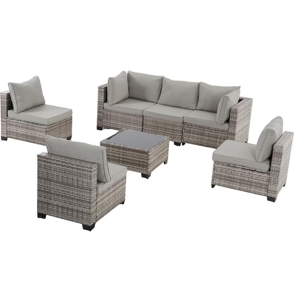 Zeus & Ruta 7-Piece Light Gray Wicker Outdoor Patio Sectional Sofa Conversation Set with Gray Cushions and 1 Coffee Table