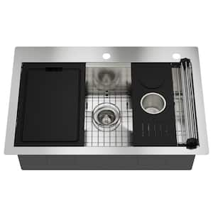 33 in. Drop-In Single Bowl 18-Gauge Stainless Steel Kitchen Sink with Bottom Grid, Strainer Basket, Cutting Board