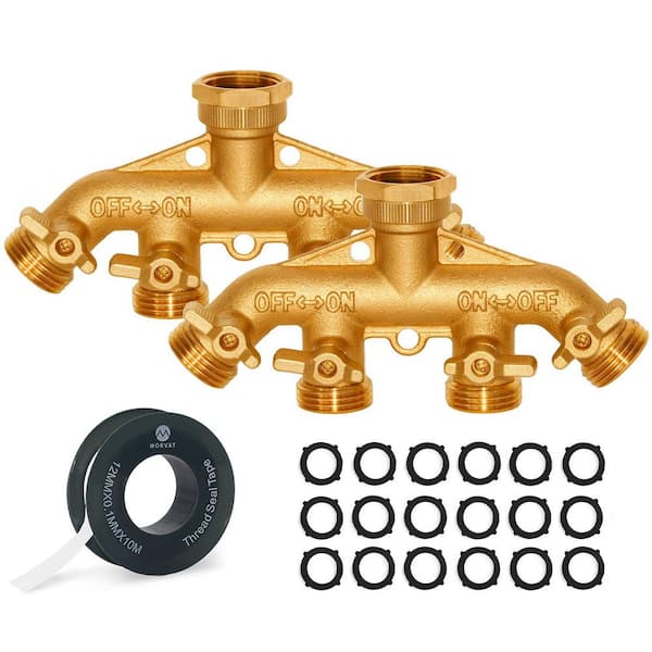 Heavy Duty Hexagonal Brass 4 Way Garden Hose Y Splitter, 2 Pack