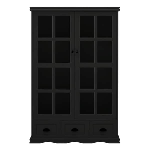 Unbranded 40.16 in. W x 14.00 in. D x 60.00 in. H Black Linen Cabinet with Tempered Glass Doors and Triple Drawers