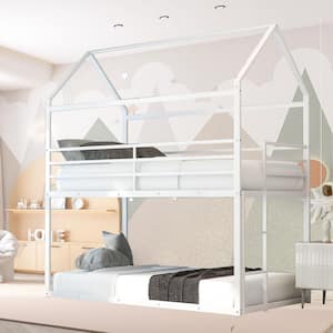 White Twin over Twin House Bunk Bed with Built-in Ladder