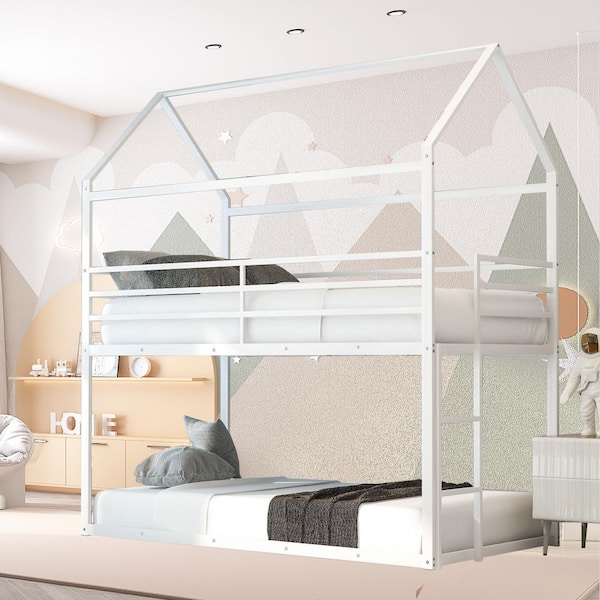 SUNRINX White Twin over Twin House Bunk Bed with Built-in Ladder
