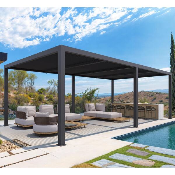 PURPLE LEAF 14 ft. x 24 ft. Gray Aluminum Frame Outdoor Hardtop Louvered Pergola with Adjustable Sunshade Roofs and In-Built Gutter