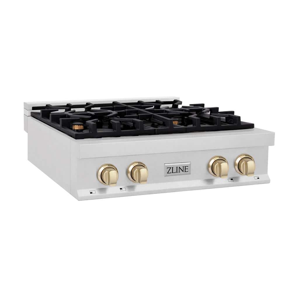 ZLINE Kitchen and Bath Autograph Edition 30 in. 4 Burner Front Control Gas Cooktop with Polished Gold Knobs in Fingerprint Resistant Stainless, Fingerprint Resistant Stainless Steel & Polished Gold