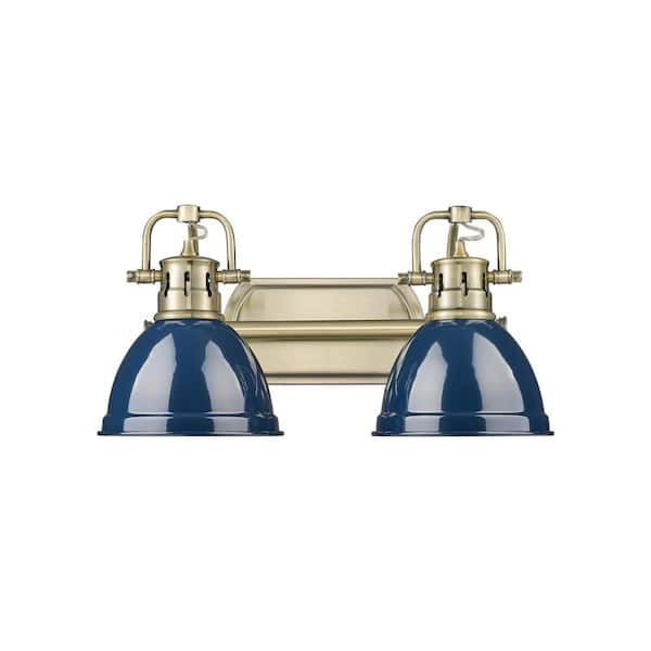 Golden Lighting Duncan 8.25 in. 2-Light Aged Brass Vanity Light with Blue Shade