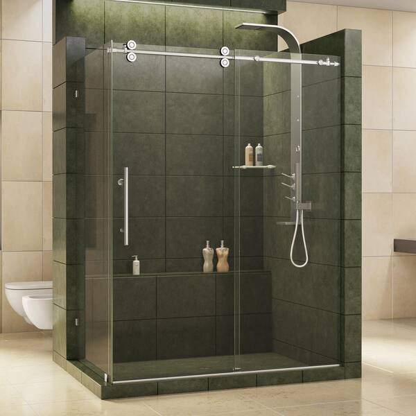 DreamLine Enigma 36 in. x 60-1/2 in. x 79 in. Frameless Corner Sliding Shower Enclosure in Polished Stainless Steel