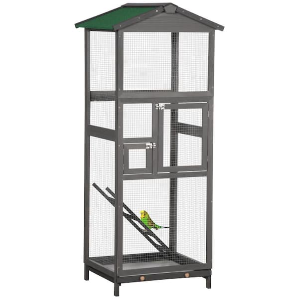 Gray 65 in. H Wood Outdoor Aviary House for Parrot, Parakeet, with Pull Out Tray and 2 Doors