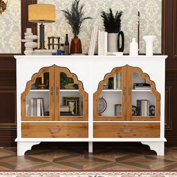 White Finished Wooden 60.2 in. Width Classical Sideboard, Storage Cabinet, Bookcase with 4-Shlef, Tempered Glass Doors