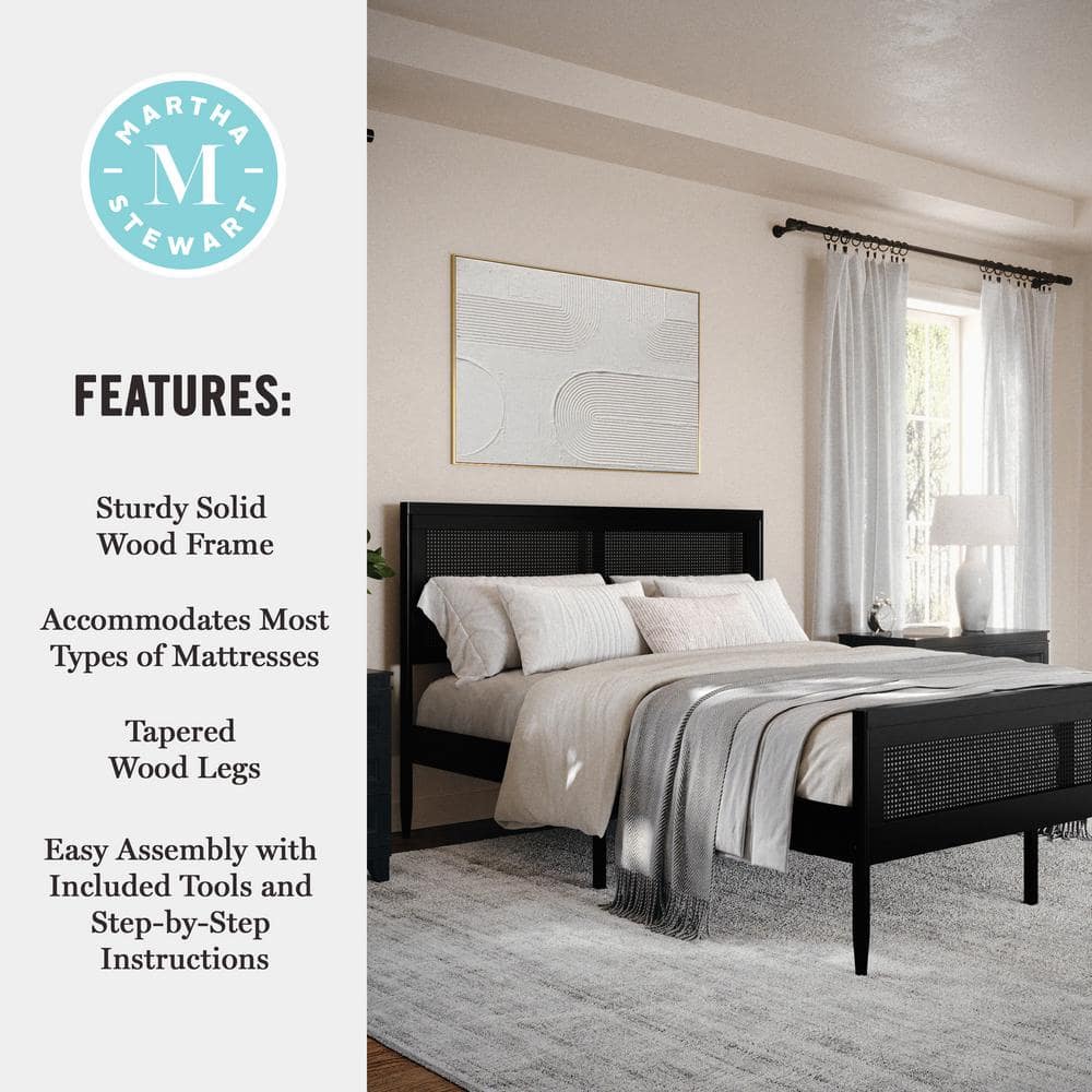 Black Queen Size Wood Platform Bed with Rattan Headboard and Footboard