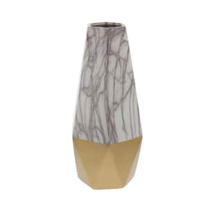14 in. Gold Faux Marble Ceramic Decorative Vase with Gold Base