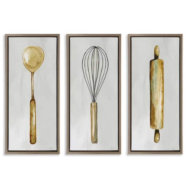 Stupell Industries Traditional Kitchen Utensils by Nan 3 Pieces Brown Floater Frame Food Graphic Art Print 25 in. x 11 in.