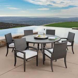 Mongue 7-Piece Aluminum Frame Brown Wicker Patio Outdoor Dining Set with Light Gray CushionGuard Cushions for Yard