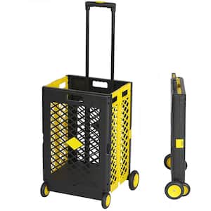 Black and Yellow 2 cu. ft. Folding Utility Plastic Garden Cart with Lid Rolling Crate, Telescopic Handle for Shopping