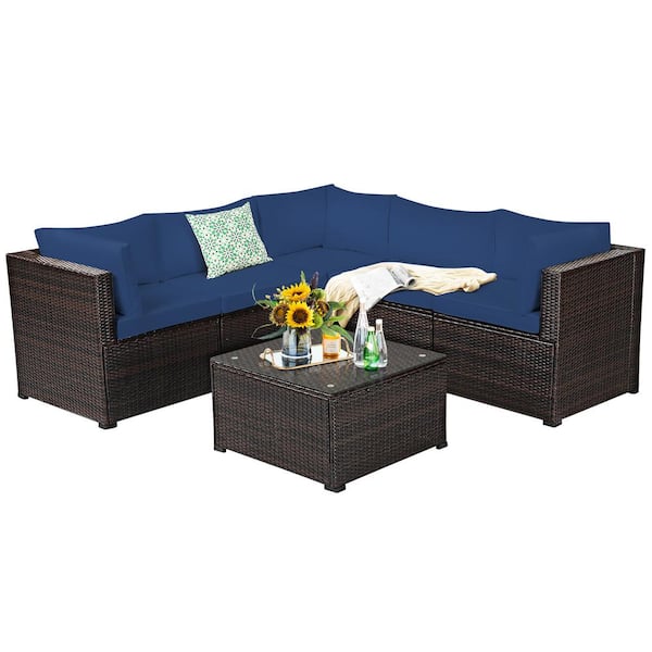 Costway 6-Piece Wicker Patio Fire Pit Rattan Furniture Set with Blue Cushions